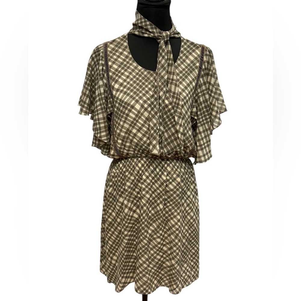 Max Studio L Brown Cream Flutter Sleeve Tiered Sundress NWT - Picture 1 of 5